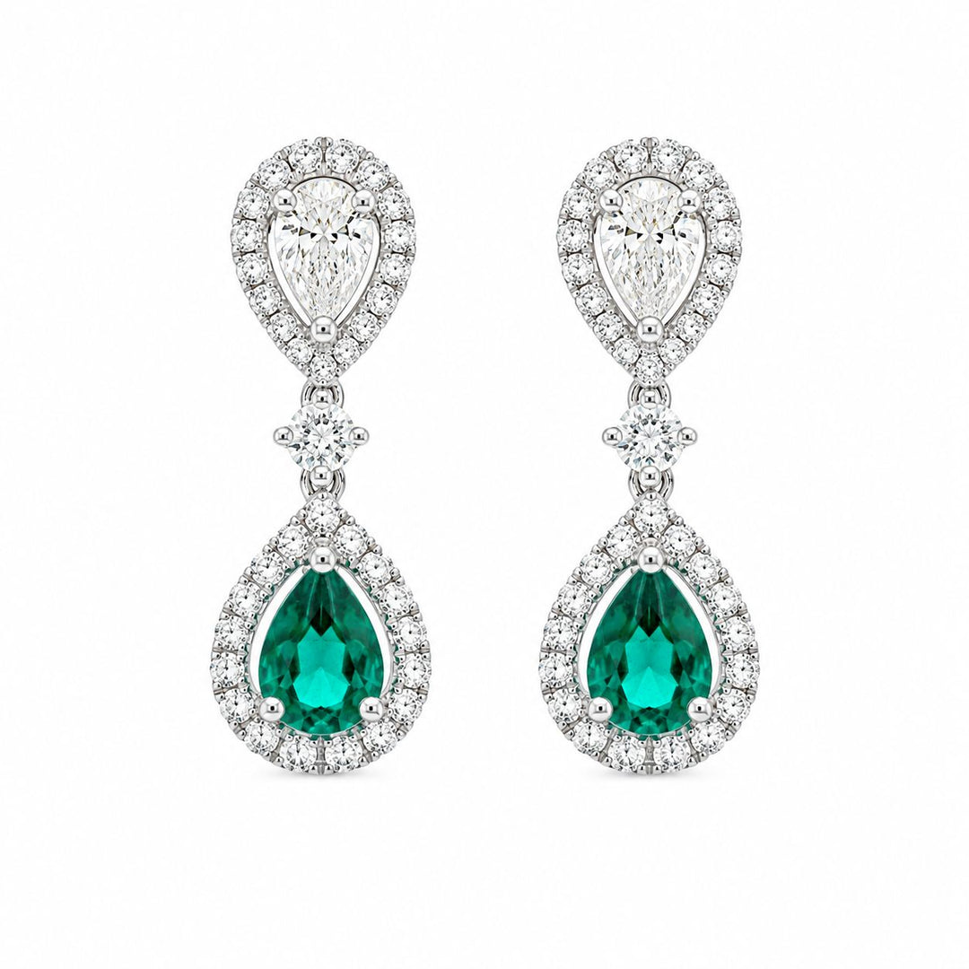 18ct White Gold Pear Shape Emerald 0.47ct Diamond Drop Earrings