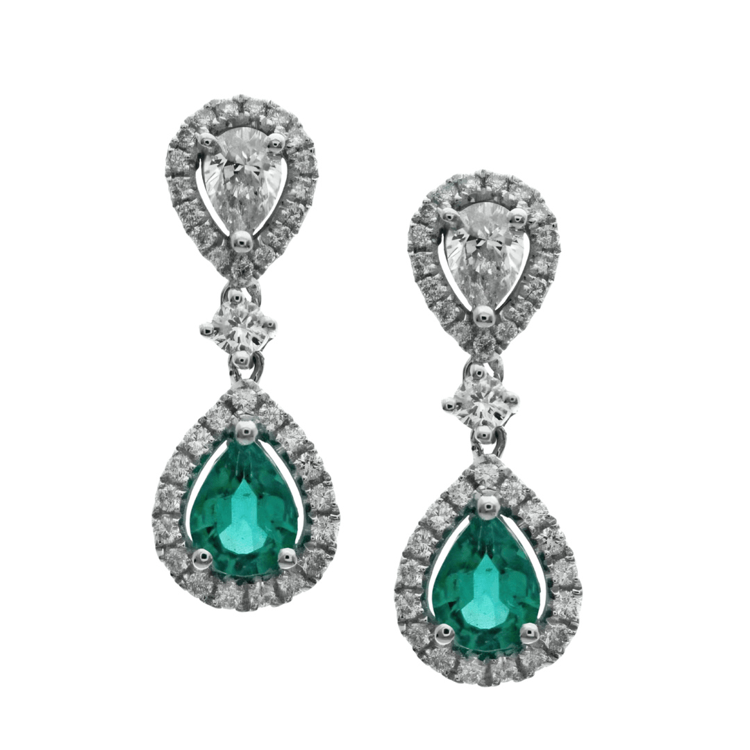18ct White Gold Pear Shape Emerald Diamond Drop Earrings